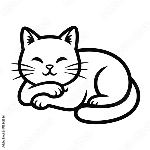 Sleepy Cat: A cute cat is sleeping in a cozy position with closed eyes. The image shows the illustration of a cat's happy and satisfied face.