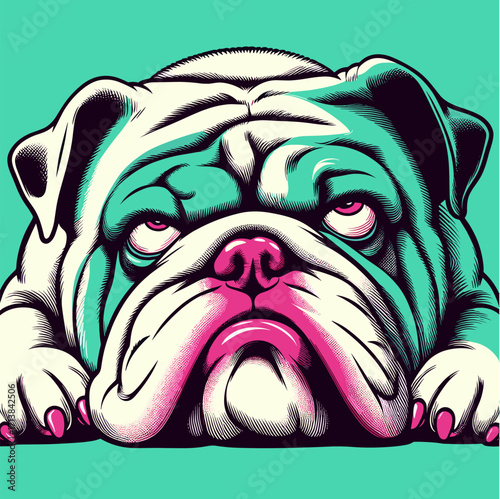 Bulldog rolling eyes in pop art comic vector style, emotional dog