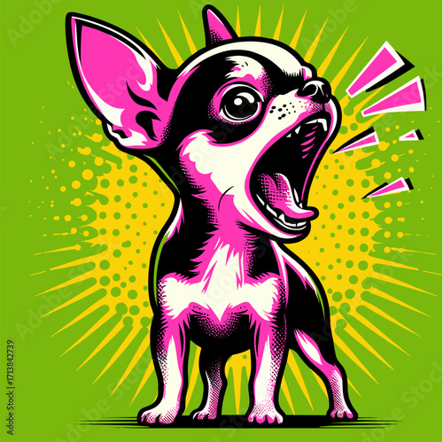 Chihuahua screaming, dog with tiny body in pop art on lime background, emotional dog
