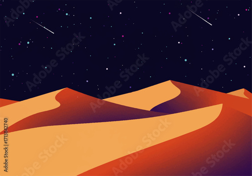 Illustration of a desert landscape with sand dunes under a starry night sky with shooting stars.
