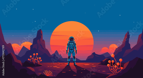 Astronaut Standing on Alien Planet with a Sunset in the Background
