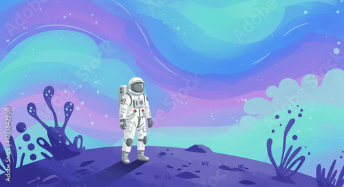 Astronaut on Alien Planet, Vibrant Nebula
