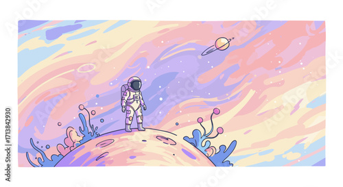 Astronaut Standing on a Planet with Swirling Pastel Sky