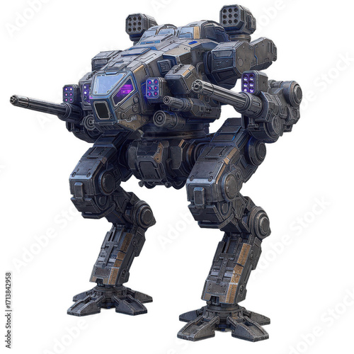 Detailed image of a heavily armed, bipedal mech robot in a standing position.