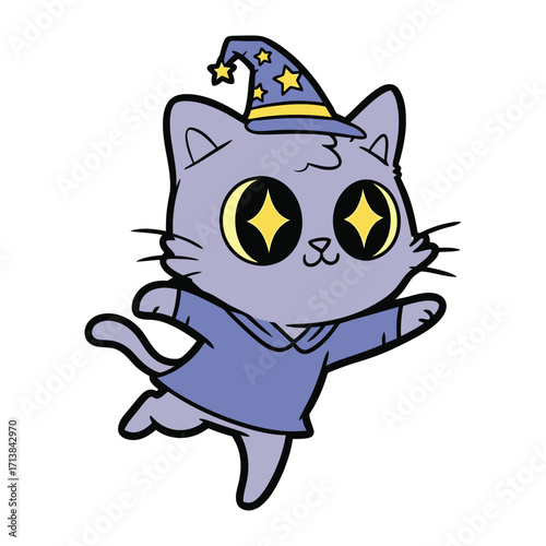 Mystic Cat: A charming cartoon cat, adorned with a wizard's hat, casts a spell of delight with its magical charm and sparkling eyes, inviting imagination and wonder.
