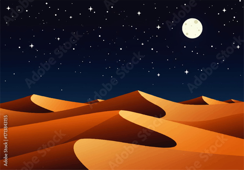Illustration of a desert landscape with sand dunes under a starry night sky and a bright full moon.