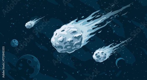 Futuristic vision of a celestial meteoroid cluster traversing a starry nebula
