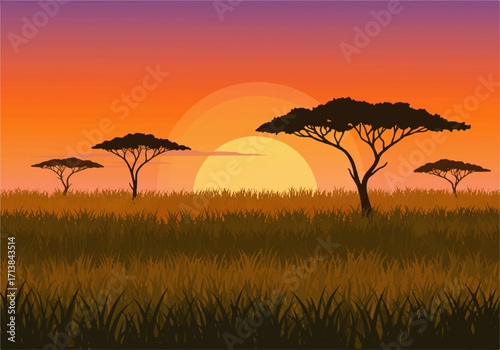 Silhouette of acacia trees in a grassy savanna landscape under a vibrant orange and purple sunset sky.