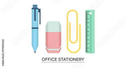 Colorful flat design illustration depicting essential office stationery pen, eraser, paperclip, and ruler. Ideal for business, education, and organizational themes