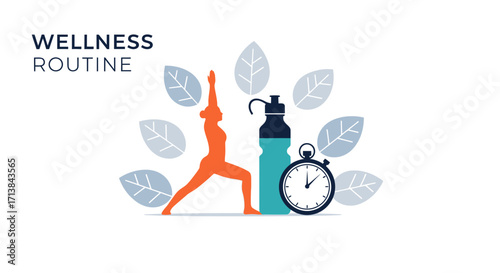 Healthy lifestyle concept promoting a daily wellness routine with fitness, hydration, and time management for physical and mental well-being