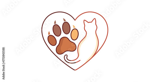 Heartwarming linear illustration featuring a heart shape with a cat silhouette and a paw print, a perfect symbol for veterinary clinics or pet lovers