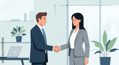 Two business professionals shaking hands in a modern office, symbolizing partnership, agreement, corporate deal, and professional success.