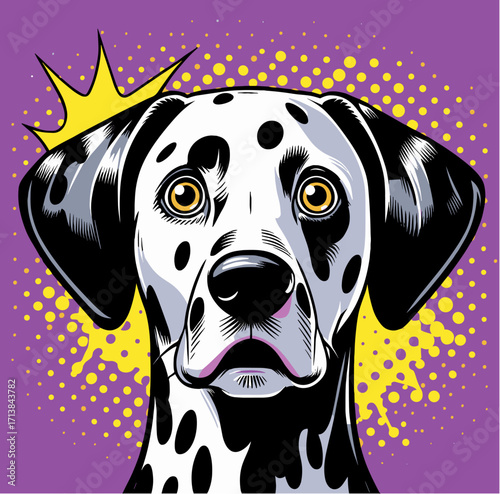 Surprised Dalmatian on bold pop art comic background, emotional dog