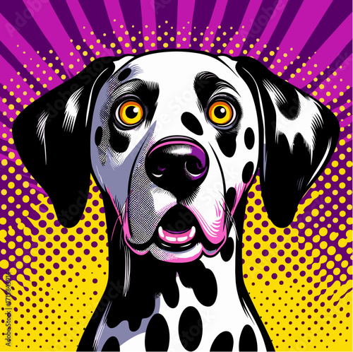 Dalmatian surprised with wide eyes and open mouth, bold dynamic pop art background