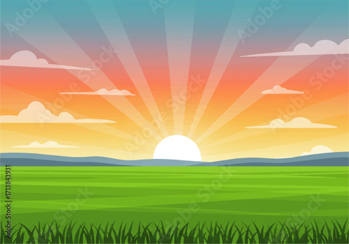 A vibrant cartoon illustration depicting a sunrise over a lush green field with distant hills and scattered clouds.