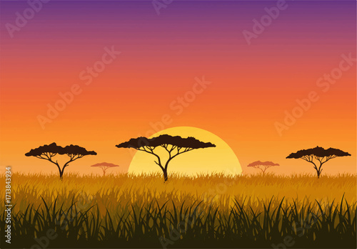 African savanna landscape featuring silhouetted acacia trees against a vibrant sunset with orange, pink, and purple hues.