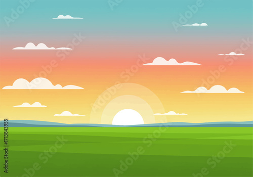 Cartoon illustration of a bright sun rising over a green field with a colorful sky and scattered clouds.