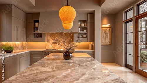 Modern kitchen marble countertop warm lighting glass cabinetry pendant lamp neutral color built stainless range backsplash island vase sleek design wood ceiling large windows stone wall natural light