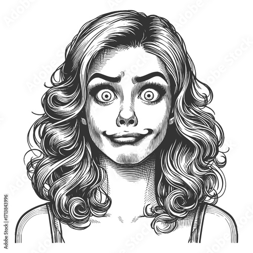 young woman with curly hair, wide eyes, and an exaggerated crooked smile of surprise sketch engraving generative ai fictional character vector illustration. Scratch board imitation. Black and white.