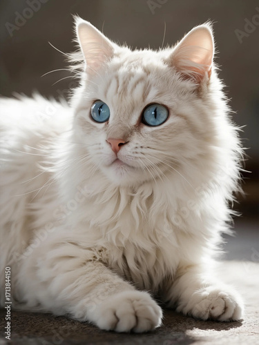 Beautiful domestic white cat posing lying down relaxed