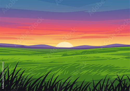 A vibrant vector illustration depicting a sunset over rolling green hills and a field of grass.