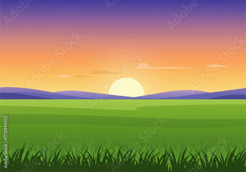 A serene landscape illustration featuring a green field, distant mountains, and a vibrant sunset sky with a bright sun.