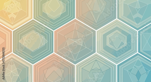 Geometric abstract background with hexagons in soft pastel gradient colors and subtle internal patterns
