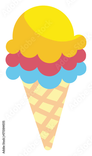 A colorful triple-scoop ice cream cone with yellow, red, and blue flavors in a waffle cone.
