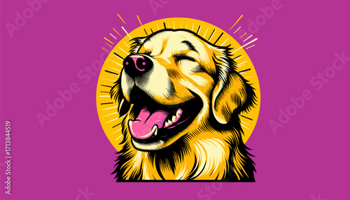 Laughing Golden Retriever with eyes closed in bold pop art vector design, emotional dog