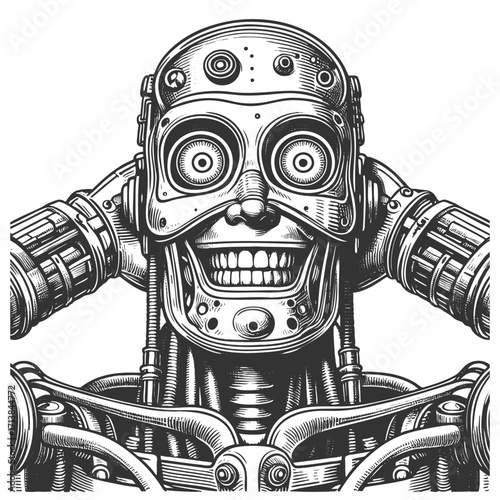 humanoid robot with exposed mechanical parts, wide grin, and expressive futuristic cybernetic design sketch engraving generative ai vector illustration. Scratch board imitation. Black and white image.