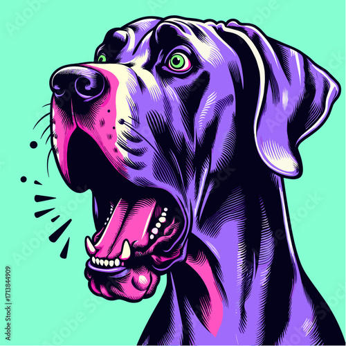 Great Dane in shock with open mouth in retro comic pop art vector illustration, emotional dog