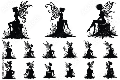 Collection of black silhouette fairies with intricate wings on white background
