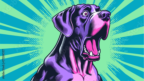 Shocked Great Dane on blue dynamic pop art background, emotional dog