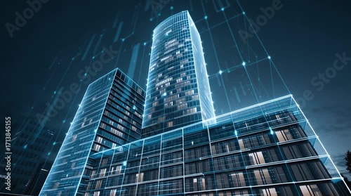 Modern glass skyscraper with digital holograms showing energy optimization in real time