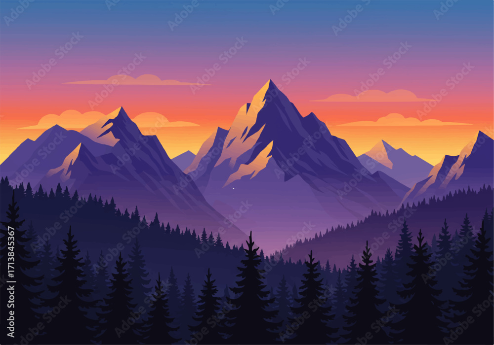 Obraz premium Majestic mountain range at sunset with a forest in the foreground, rendered in a stylized, vector art style with vibrant colors.