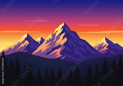 Illustration of majestic mountains with snow-capped peaks under a vibrant sunset sky, with a dense forest in the foreground.
