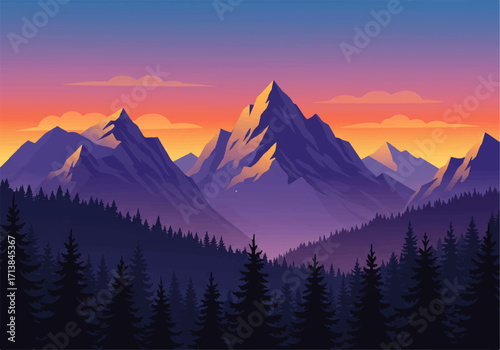 Majestic mountain range at sunset with a forest in the foreground, rendered in a stylized, vector art style with vibrant colors.