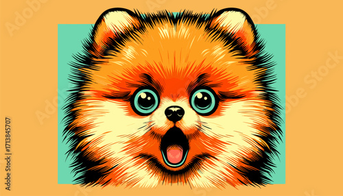 Pomeranian in shock with huge eyes in pop art retro illustration, emotional dog