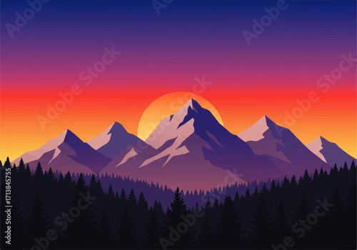 A stylized digital illustration of a mountain range silhouetted against a vibrant sunset sky with a forest in the foreground.
