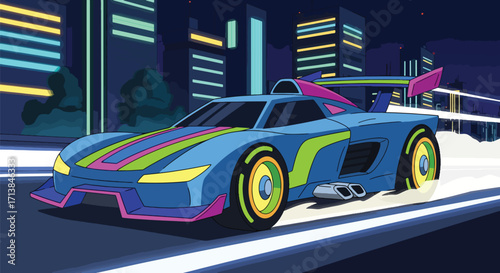 Futuristic racing car with neon colors driving in night city, modern sports car illustration symbolizing technology, speed, and motorsport future.