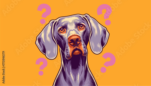 Weimaraner in pop art vector illustration with question marks, emotional dog