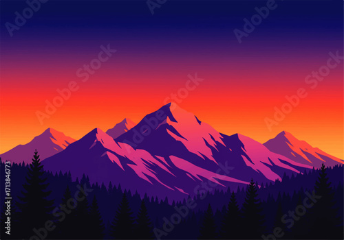 Illustration of a mountain range at sunset with vibrant colors of orange, purple, and blue, with a dark forest silhouette in the foreground.