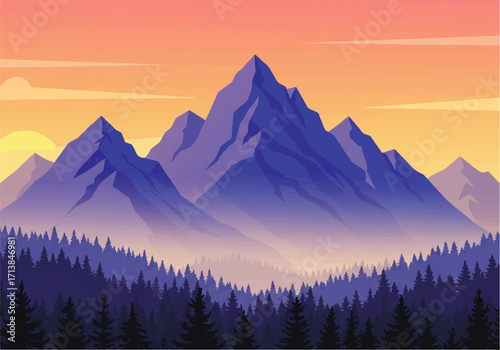 Illustrated mountain range landscape with a forest in the foreground, depicted at sunset with a warm, colorful sky.