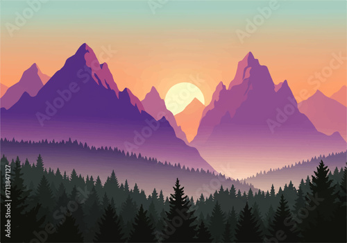 A stylized illustration of a mountain landscape at sunset, featuring layered forests and a vibrant, colorful sky.