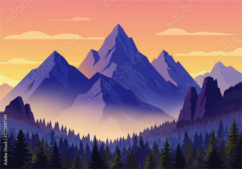 Illustration of a majestic mountain range at sunset with a forest in the foreground and a hazy, colorful sky above.