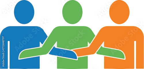 Three Colorful Human Figures Linking Arms in a Collaborative Chain