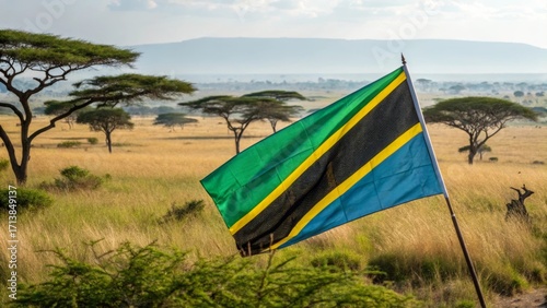 Tanzanian Flag in Savannah: A vibrant Tanzanian flag flutters in the breeze against the backdrop of a breathtaking African savanna landscape, offering a glimpse into the continent's natural beauty.