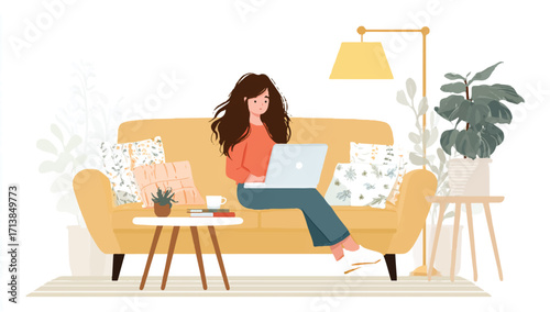 Young woman working from home on a laptop sitting comfortably on a sofa during daytime