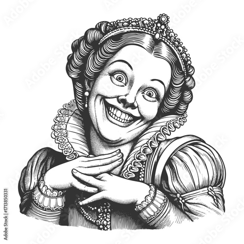 queen in elaborate dress and crown with an exaggerated wide smile and comical hand gesture sketch engraving generative ai fictional character vector illustration. Scratch board. Black and white image.