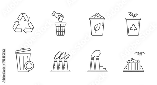 Recycling and waste management line icons, including recycling symbol, trash can, compost bin, and industrial pollution.